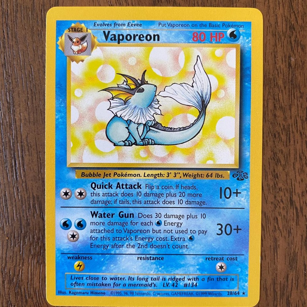 Pokemon Vaporeon, Stage 1, Jungle Set, 28/64, Uncommon, 1999
